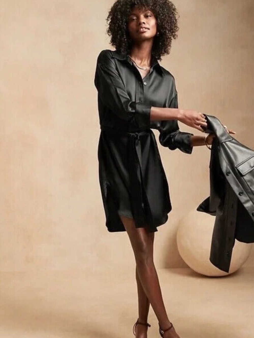 Banana Republic Black 100% Silk Button-Down Shirt Dress